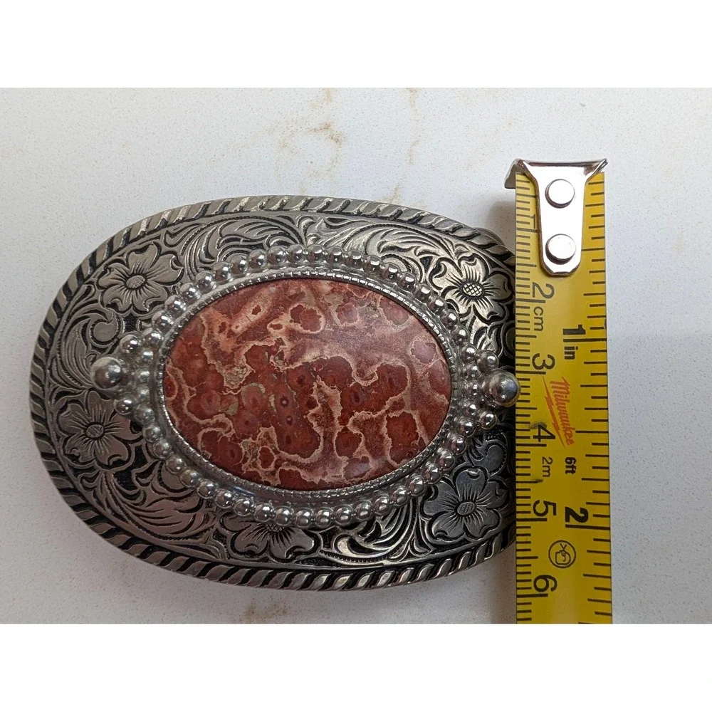 Vintage Western Floral Engraved Belt Buckle with Red Jasper Stone Centerpiece